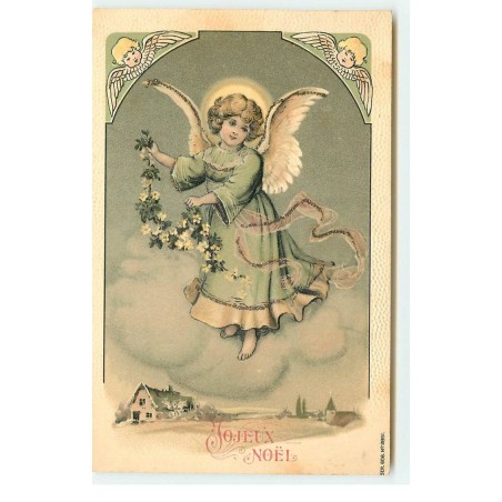 n°16716 - Carte Gaufrée - Joyeux Noël - Ange apportant une guirlande fleurie