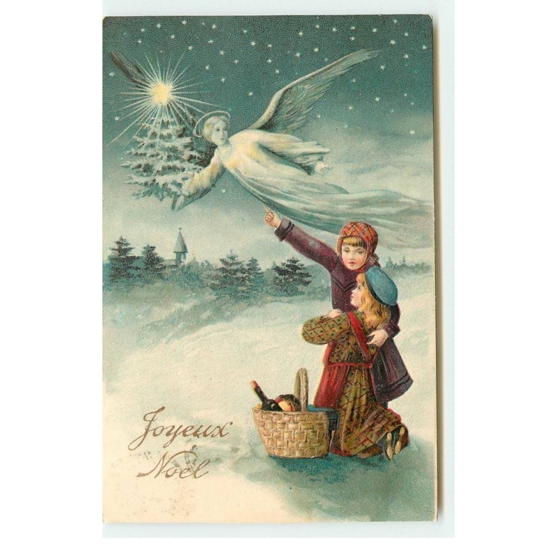 n°16717 - Carte Gaufrée - Joyeux Noël - Enfants regardant un ange gardien apportant un sapin