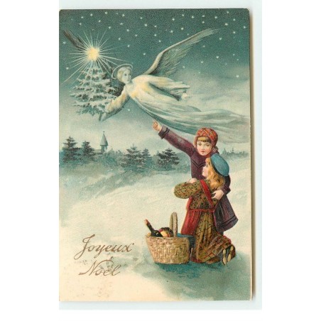 n°16717 - Carte Gaufrée - Joyeux Noël - Enfants regardant un ange gardien apportant un sapin