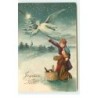 n°16717 - Carte Gaufrée - Joyeux Noël - Enfants regardant un ange gardien apportant un sapin