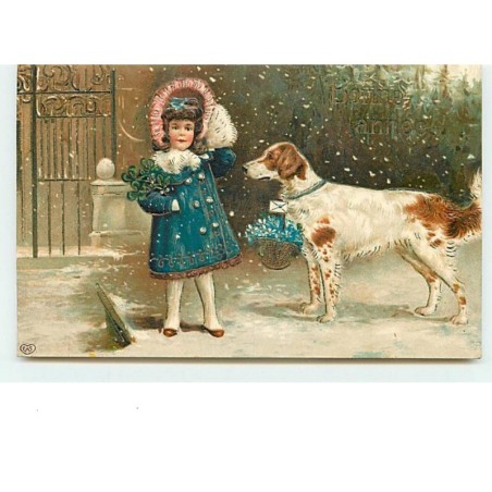 n°10627 - Carte Fantaisie Gaufrée - Bonne Année - Fillette avec un chien