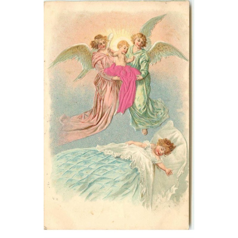 n°16725 - Carte Gaufrée - Anges gardiens portant un nouveau né, au-dessus d'un enfant dormant