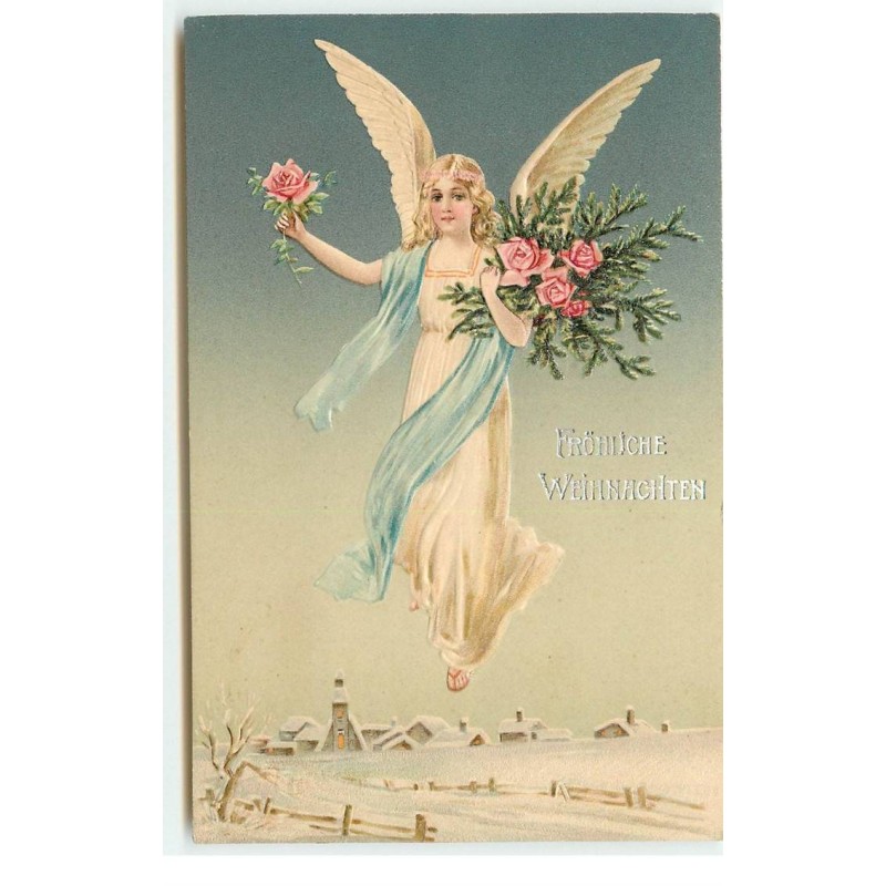 n°16727 - Carte Gaufrée - Fröhliche Weihnachten - Ange Gardien apportant un bouquet de roses