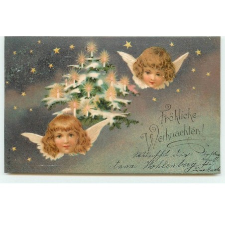 n°16732 - Fröhliche Weihnachten - Tête d'anges dans un ciel étoilé