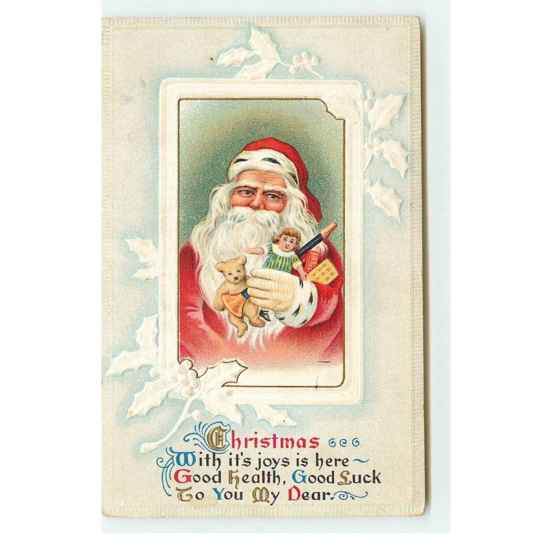 n°16733 - Carte Gaufrée - Christmas with it's joys is here .... - Père Noël avec dans les bras des jouets