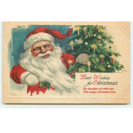 n°16737 - Carte Gaufrée - Best Wishes for Christmas - Père Noël près d'un sapin