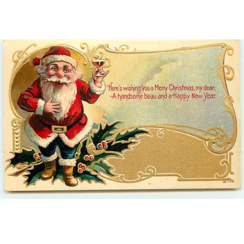 n°16738 - Carte Gaufrée - Here's wishing you a Merry Christmas ... - Père Noël trinquant