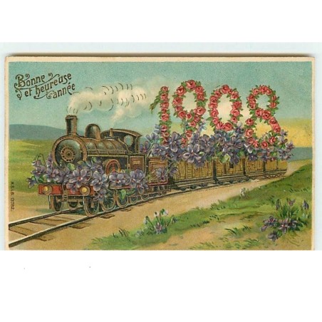 n°10628 - Carte Fantaisie Gaufrée - Bonne et Heureuse Année 1908 - Train