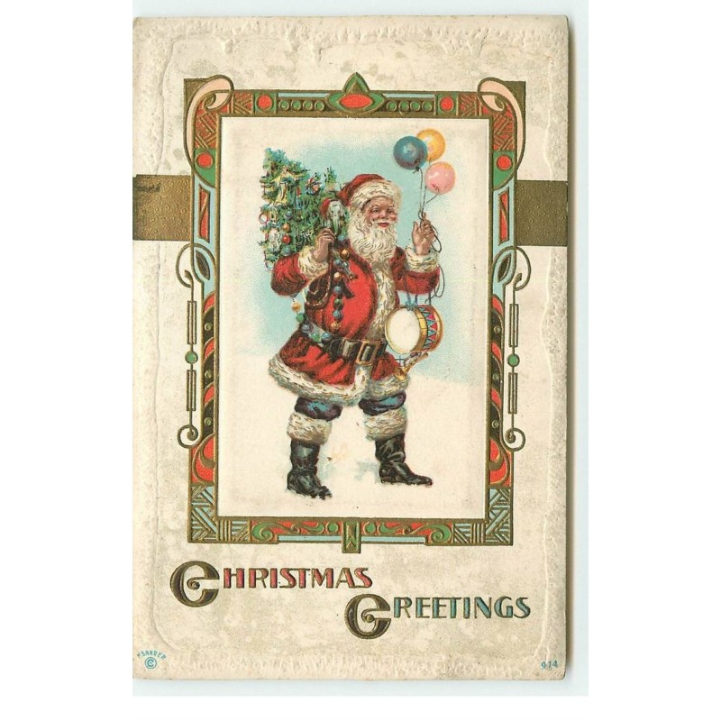 n°16743 - Carte Gaufrée - Christmas Greetings - Père Noël apportant un sapin, un tambour et des ballons