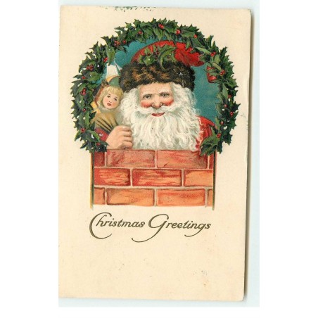 n°16744 - Carte Gaufrée - Christmas Greetings - Père Noël au milieu d'une couronne de houx