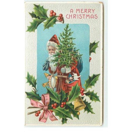 n°16745 - Carte Gaufrée - A Merry Christmas - Père Noël apportant un sapin et des jouets