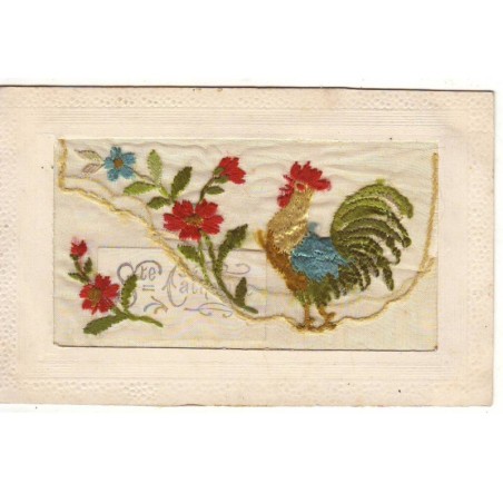 n°16854 - Carte Brodée avec rabat - Coq et fleurs