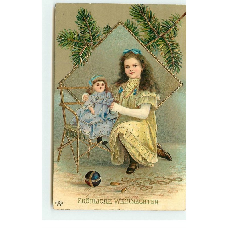 n°16861 - Carte Gaufrée - Fröhliche Weihnachten - Fillette près d'une poupée assise dans une chaise