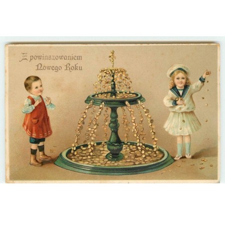 n°16868 - Carte Gaufrée - E powinszowaniem Nowego Roky - Enfants près d'une fontaine d'où coulent des pièces d'or
