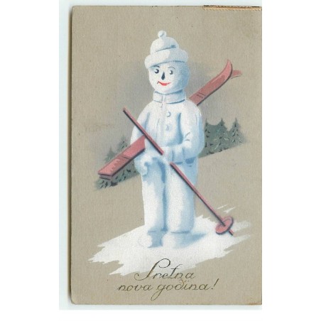 n°16869 - Sretna nova godina - Bonhomme de neige portant des skis