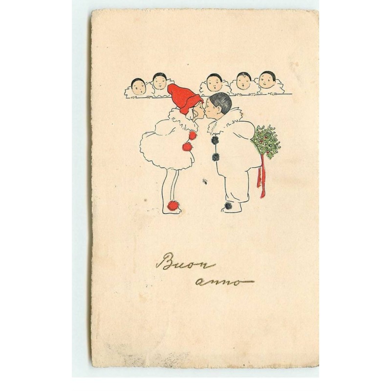 n°16870 - Style Ebner - Buon Anno - Pierrot embrassant Colombine