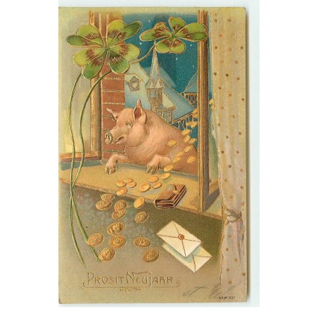 n°16878 - Carte Gaufrée - Prosit Neujahr - Cochon à une fenêtre avec des pièces d'or, des trèfles, et des lettres