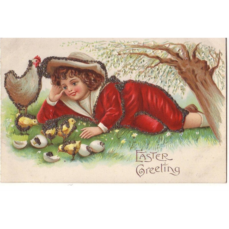 n°16881 - Carte Gaufrée et Paillettes - Easter Greeting - Enfant allongé près d'une poule et de poussins