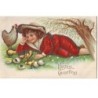 n°16881 - Carte Gaufrée et Paillettes - Easter Greeting - Enfant allongé près d'une poule et de poussins