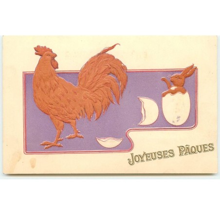n°16882 - Carte Gaufrée - Joyeuses Pâques - Lièvre sortant d'un oeuf sous le regard d'un coq