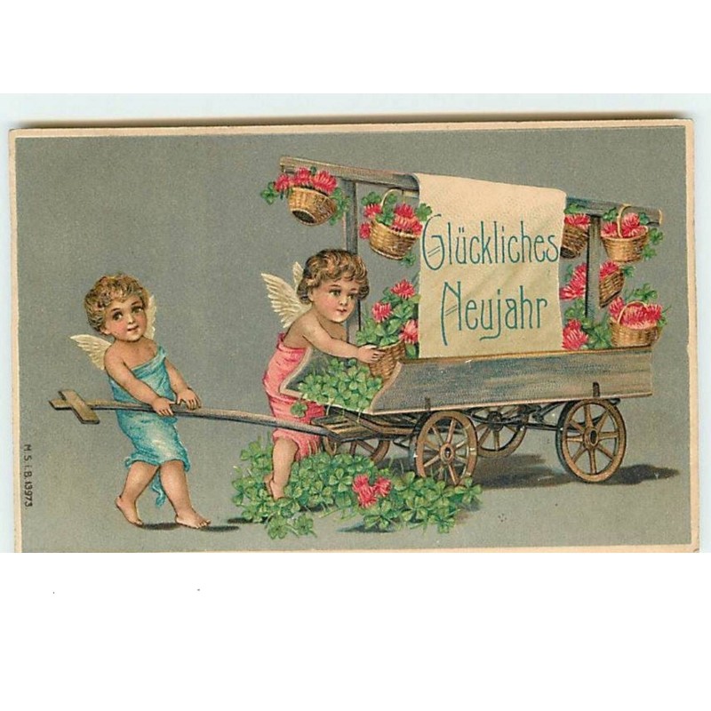 n°10635 - Carte Fantaisie Gaufrée - Glückliches Neujahr - Angelots et cariole de trèfles à 4 Feuilles