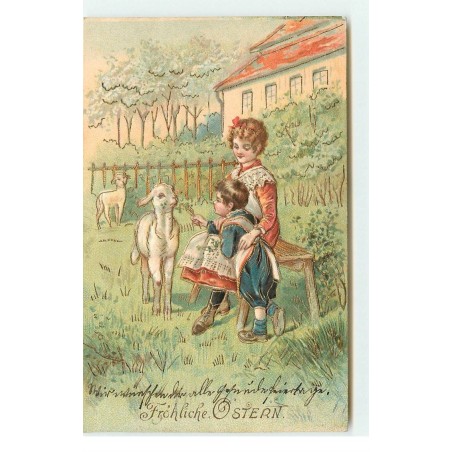 n°16884 - Carte Gaufrée - Fröhliche Ostern - Garçon donnant de l'herbe à un mouton