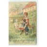 n°16884 - Carte Gaufrée - Fröhliche Ostern - Garçon donnant de l'herbe à un mouton