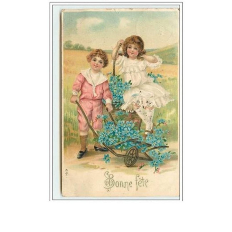 n°1689 - Carte Gaufrée - Bonne Fête - Enfants avec une brouette de myosotis