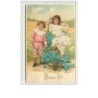 n°1689 - Carte Gaufrée - Bonne Fête - Enfants avec une brouette de myosotis