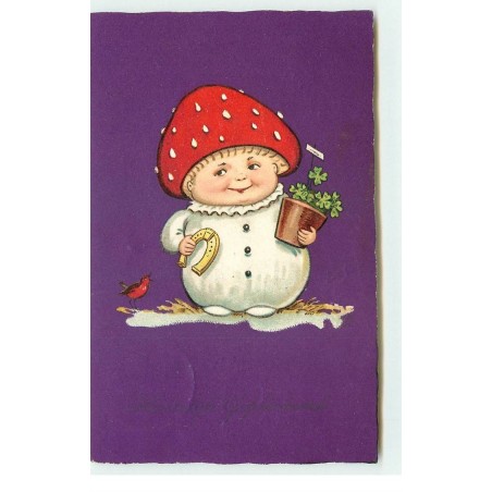 n°16890 - Enfant avec chapeau champignon avec des portes-bonheurs