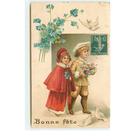 n°16892 - Carte Gaufrée - Clapsaddle - Bonne Fête - Enfants apportant des fleurs (roses, myosotis) et colombes