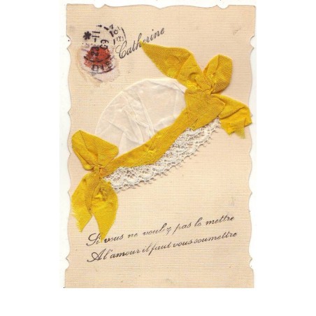 n°16953 - Bonnet Ste-Catherine - Si vous ne voulez pas le mettre ... - Bonnet blanc et ruban jaune