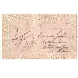 n°16956 - Carte Gaufrée - Bonnet Ste-Catherine - Bonnet vert, et fleurs en ruban rose