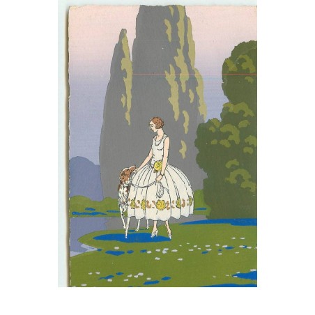 n°16959 - Meschini - Ars Nova - Jeune femme promenant un lévrier