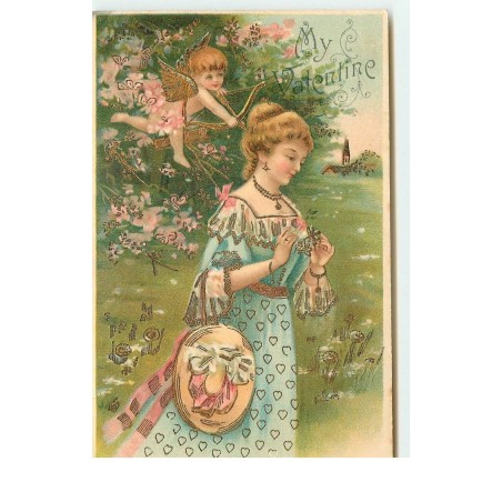 n°16968 - Carte Gaufrée - My Valentine - Cupidon visant une jeune femme
