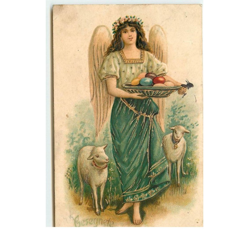 n°16974 - Carte Gaufrée - Gesegnete Ostern - Ange Gardien portant sur un plateau des oeufs et marchant près de moutons