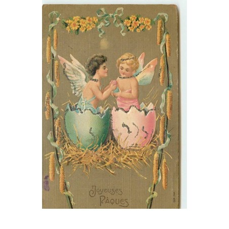 n°16975 - Carte Gaufrée avec strasses - Joyeuses Pâques - Anges sortant de deux oeufs