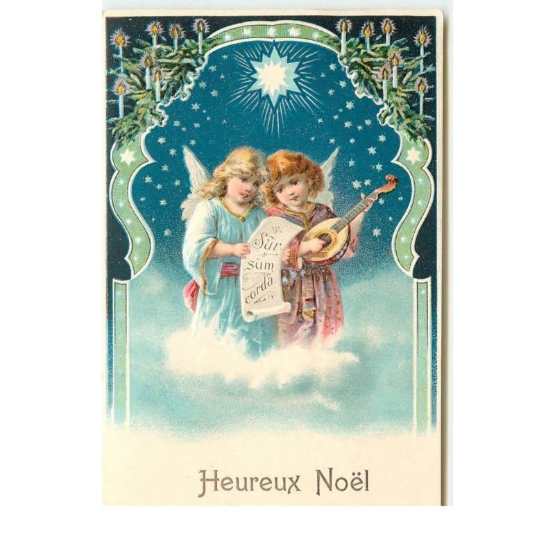 n°16976 - Carte Gaufrée - Heureux Noël - Anges chantant sous une étoile