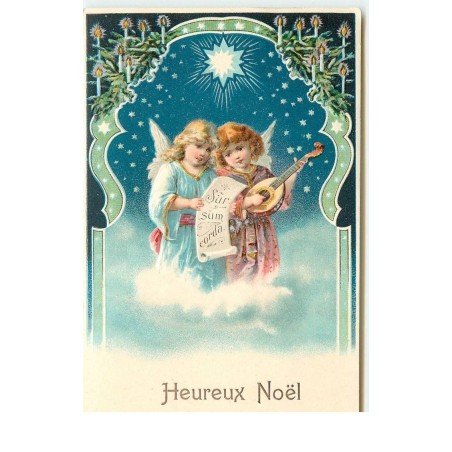 n°16976 - Carte Gaufrée - Heureux Noël - Anges chantant sous une étoile