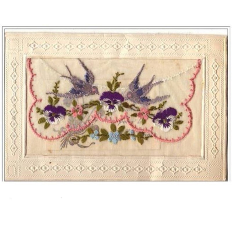 n°1698 - Carte Brodée à rabat - Pensées et oiseaux