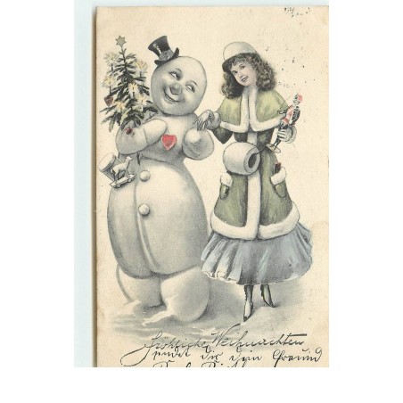 n°16980 - Fröhliche Weihnachten - Jeune femme marchant près d'un bonhomme de neige humanisé