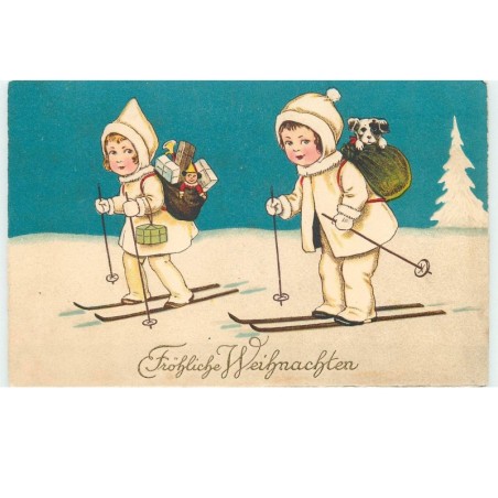 n°16981 - Fröhliche Weihnachten - Enfants sur des skis apportant des cadeaux