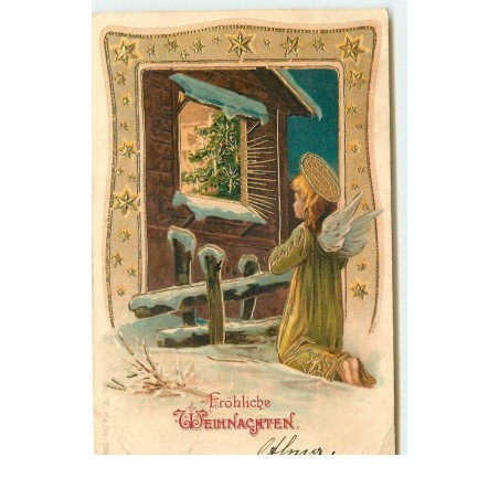 n°16984 - Carte Gaufrée - Fröhliche Weihnachten - Ange priant près d'un sapin dans une maison