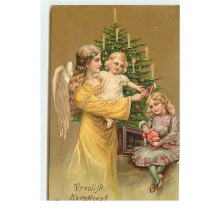 n°16985 - Carte Gaufrée - Vroolijk Kerstfeest - Ange gardien portant une fillette - Poupée
