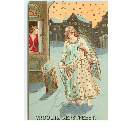 n°16987 - Carte Gaufrée - Vroolijk Kerstfeest - Ange gardien marchant dans la rue avec une fillette