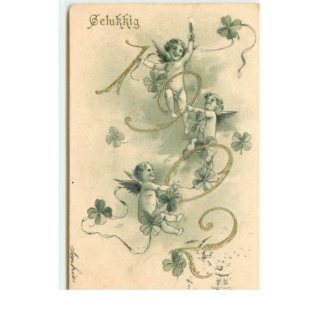 n°16989 - Carte Gaufrée - Gelukkig 1902 - Angelots avec une guirlande de trèfles
