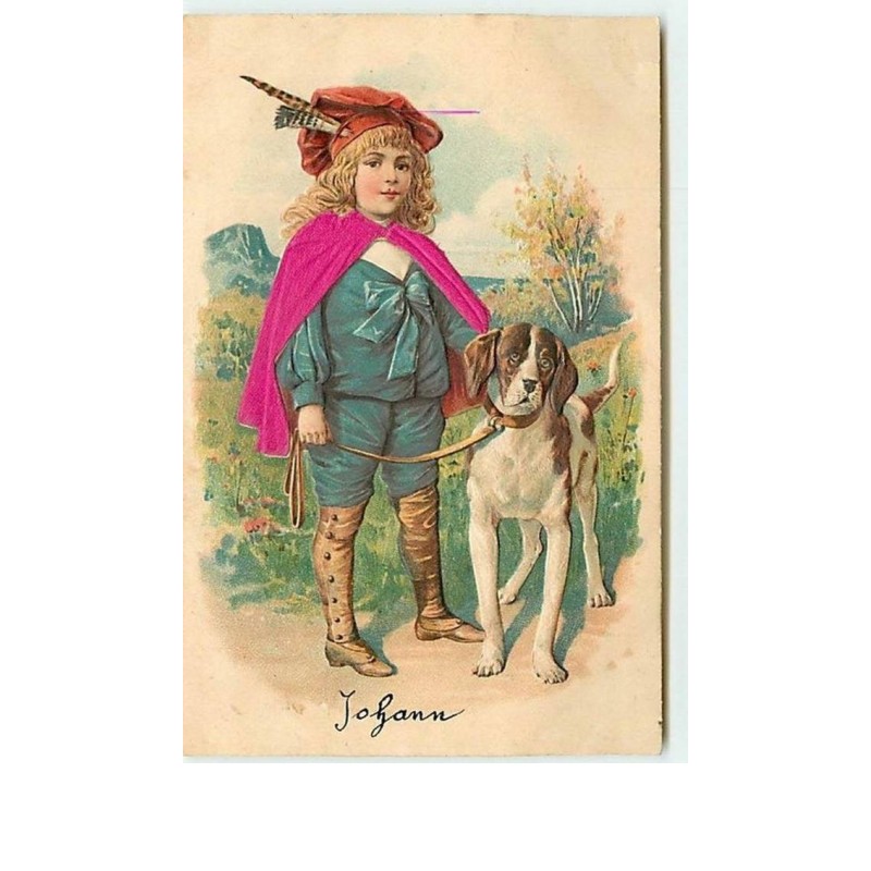n°10641 - Carte Fantaisie Gaufrée -  Fillette avec son chien  (cap en tissu)