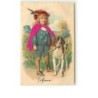 n°10641 - Carte Fantaisie Gaufrée -  Fillette avec son chien  (cap en tissu)
