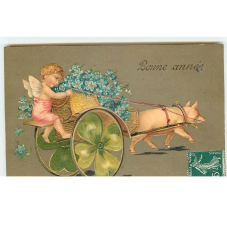 n°16990 - Carte Gaufrée - Bonne Année - Ange conduisant une charette remplie de myosotis tirée par une cochon