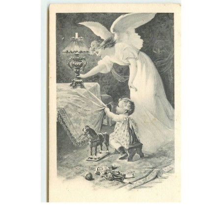 n°16994 - Ange gardien tenant une lampe sur une table, un bébé tirant sur la nappe